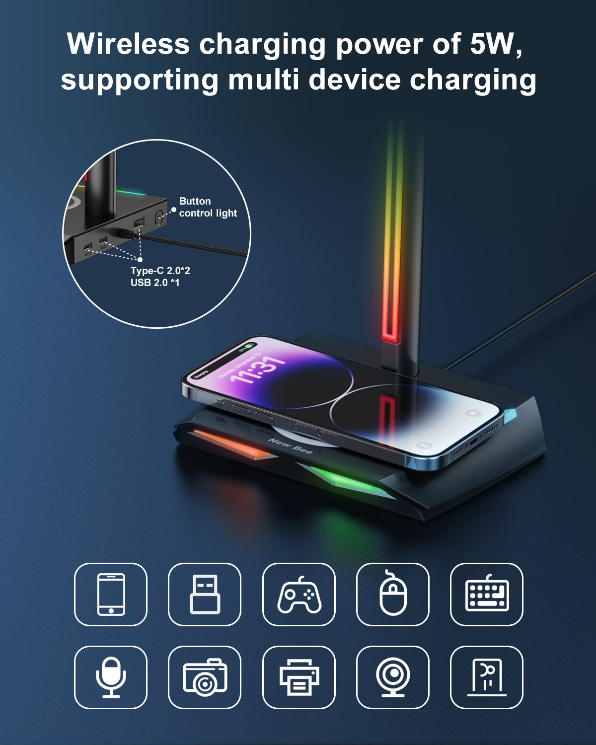 RGB Headphone Stand Z12 with Wireless Charging – New Bee