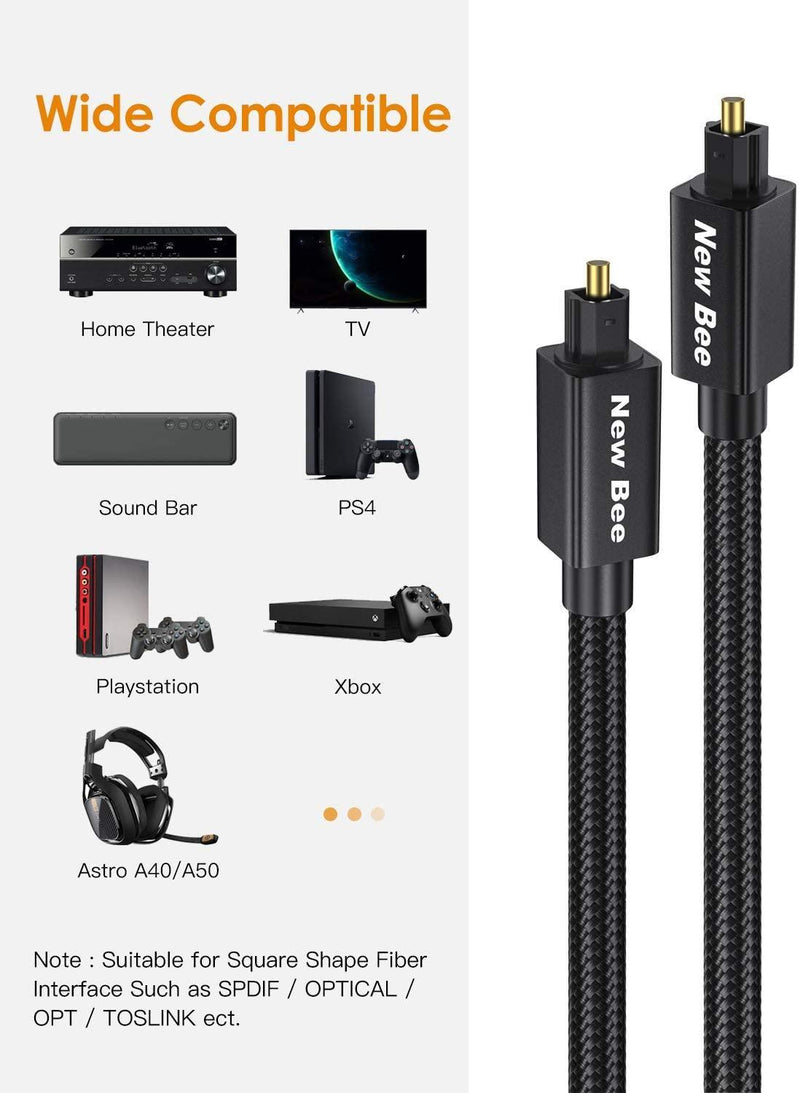 Optical Audio Cable 10ft New Bee Digital Toslink Cable 24K Gold-Plated Nylon Braided S/PDIF Cable for Home Theater, Sound Bar, TV, PS4, Xbox, Playstation