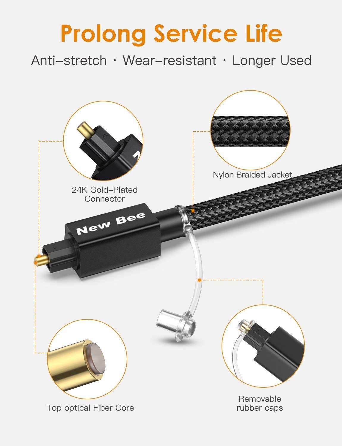 Optical Audio Cable 10ft New Bee Digital Toslink Cable 24K Gold-Plated Nylon Braided S/PDIF Cable for Home Theater, Sound Bar, TV, PS4, Xbox, Playstation